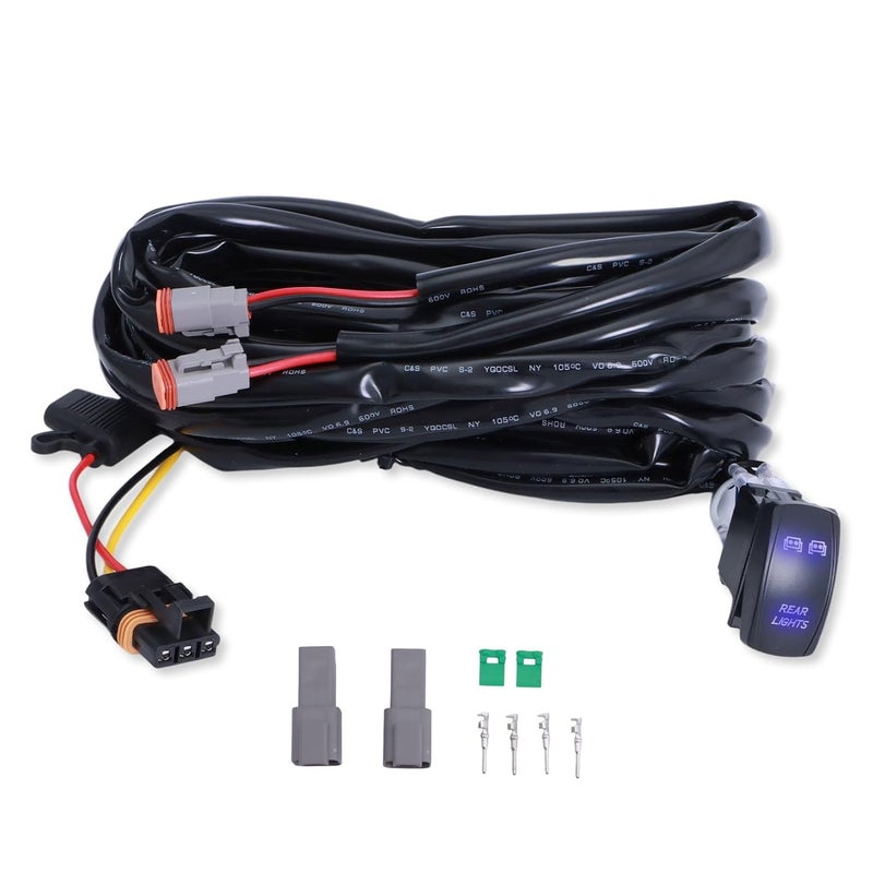 Solvrex UTV Rear Light Wiring Harness with Plug & Play Pulse Busbar Connector DT Plug Compatible with Polaris RZR Ranger General, 16AWG 2 Lead Rocker On Off Switch - Image 1